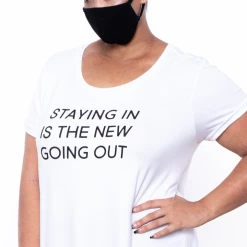 Curvy Sense Plus Size Graphic "Staying In" Tee & Mask Set - White