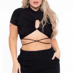 Curvy Sense Plus Size Kyomi Slinky Top - Black Tops