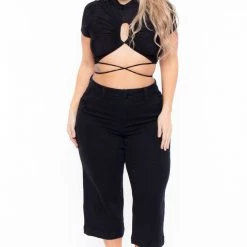 Curvy Sense Plus Size Kyomi Slinky Top - Black Tops