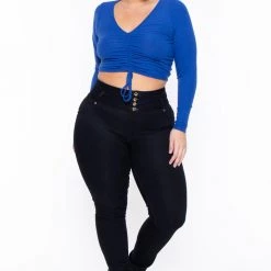 Curvy Sense Plus Size Mallory Ruched Top - Blue Tops