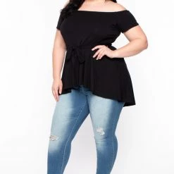 Curvy Sense Plus Size Nina Belted High-Low Top - Black