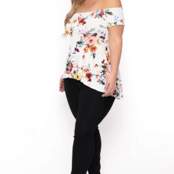 Curvy Sense Plus Size Nina Belted High-Low Top - Ivory Floral Tops