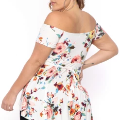 Curvy Sense Plus Size Nina Belted High-Low Top - Ivory Floral Tops