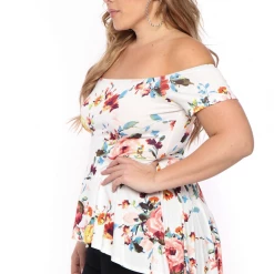 Curvy Sense Plus Size Nina Belted High-Low Top - Ivory Floral Tops