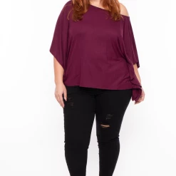 Curvy Sense Tops Plus Size Off The Shoulder Top - Burgundy
