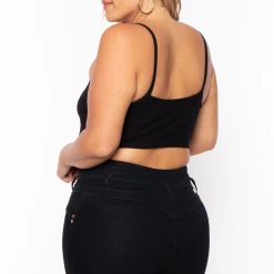 Curvy Sense Plus Size Pointy Ribbed Cami Top - Black