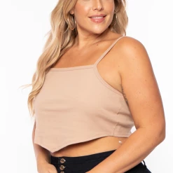 Curvy Sense Tops Plus Size Pointy Ribbed Cami Top - Mocha