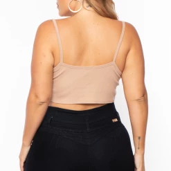 Curvy Sense Tops Plus Size Pointy Ribbed Cami Top - Mocha