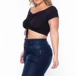 Curvy Sense Plus Size Tamara Ribbed Crop Top - Black Tops