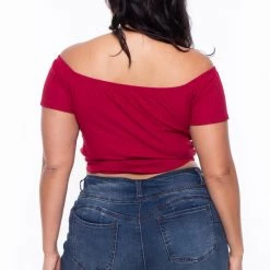 Curvy Sense Plus Size Tamara Ribbed Crop Top - Red Tops