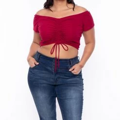Curvy Sense Plus Size Tamara Ribbed Crop Top - Red Tops