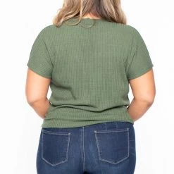 Curvy Sense Plus Size Waffle Knit Tie-Hem Top - Olive