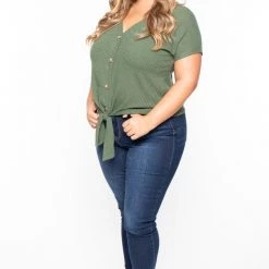 Curvy Sense Plus Size Waffle Knit Tie-Hem Top - Olive