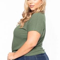 Curvy Sense Plus Size Waffle Knit Tie-Hem Top - Olive