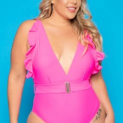 Davi & Dani New Arrivals Plus Size Miami Heat Ruffle Swimsuit - Hot Pink