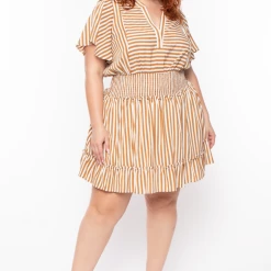 Davids Place Plus Size Smocked & Stripe Dress - Beige Dresses