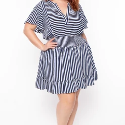 Davids Place Plus Size Smocked & Stripe Dress -Blue Dresses