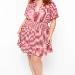 Davids Place Dresses Plus Size Smocked & Stripe Dress - Red