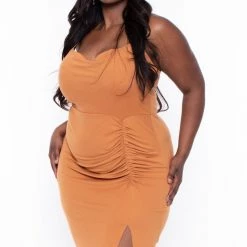 Davids Place Plus Size Cece Ruched Bodycon Dress - Mustard