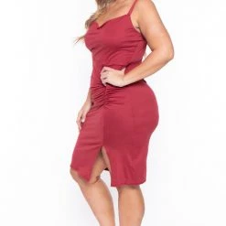 Davids Place Plus Size Cece Ruched Bodycon Dress - Rust
