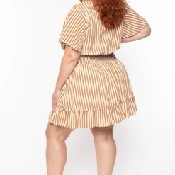 Davids Place Plus Size Smocked & Stripe Dress - Beige Dresses