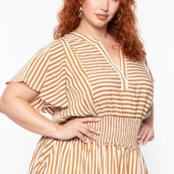 Davids Place Plus Size Smocked & Stripe Dress - Beige Dresses