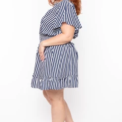 Davids Place Plus Size Smocked & Stripe Dress -Blue Dresses