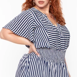 Davids Place Plus Size Smocked & Stripe Dress -Blue Dresses