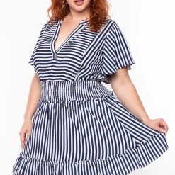 Davids Place Plus Size Smocked & Stripe Dress -Blue Dresses