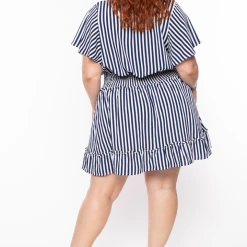 Davids Place Plus Size Smocked & Stripe Dress -Blue Dresses
