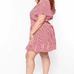 Davids Place Dresses Plus Size Smocked & Stripe Dress - Red