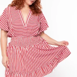 Davids Place Dresses Plus Size Smocked & Stripe Dress - Red