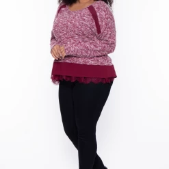 Davids Place Plus Size Crop Sweater Top - Heather Burgundy