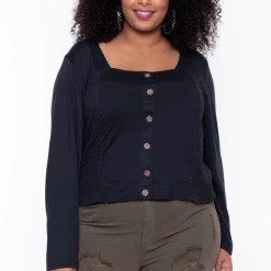 Davids Place Plus Size Crop Smocked Blouse - Black Tops