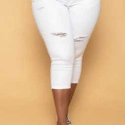 Diamante New Arrivals Plus Size Cia Denim Capri Pants- White