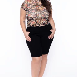 DIAMANTE Back In Stock Plus Size Bermuda Denim Shorts - Black