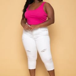 Diamante New Arrivals Plus Size Cia Denim Capri Pants- White