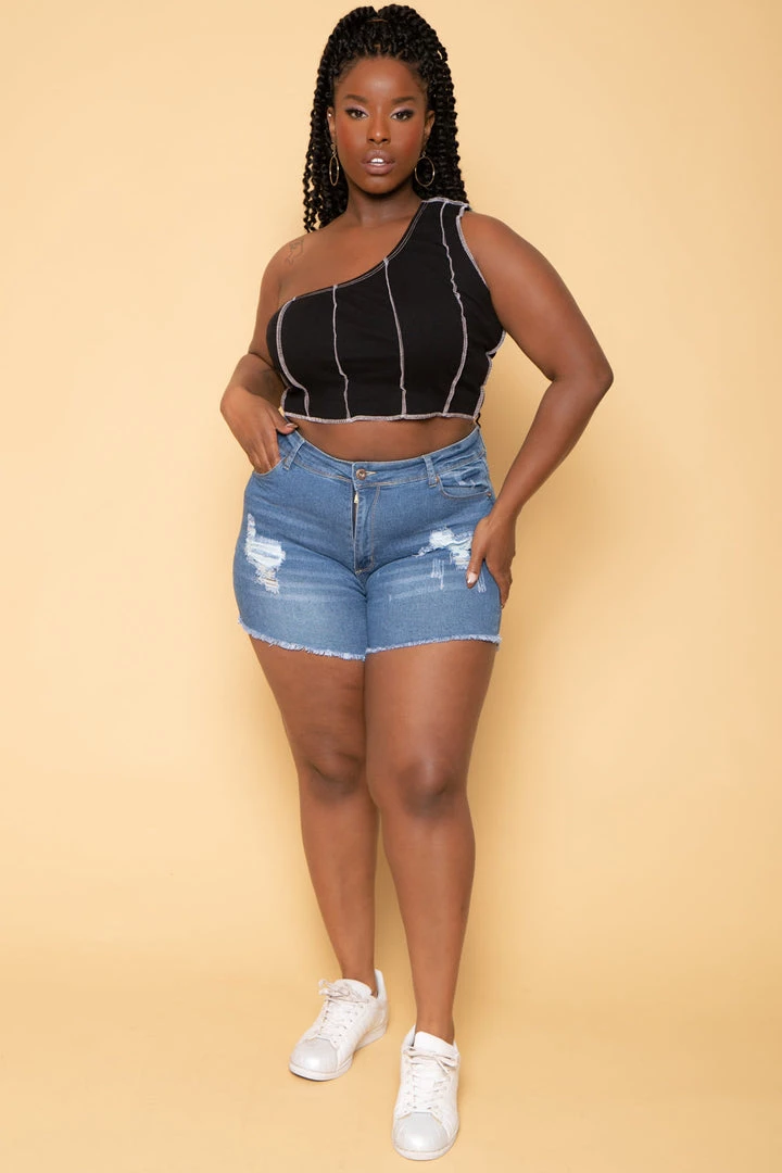 Diamante Plus Size On The Loose Denim Shorts - Medium Wash 3 Diamante Plus Size On The Loose Denim Shorts - Medium Wash