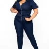 DIAMANTE Plus Size Jessi Gold Studded Denim Jumpsuit - Dark Wash Party Jumpsuilts