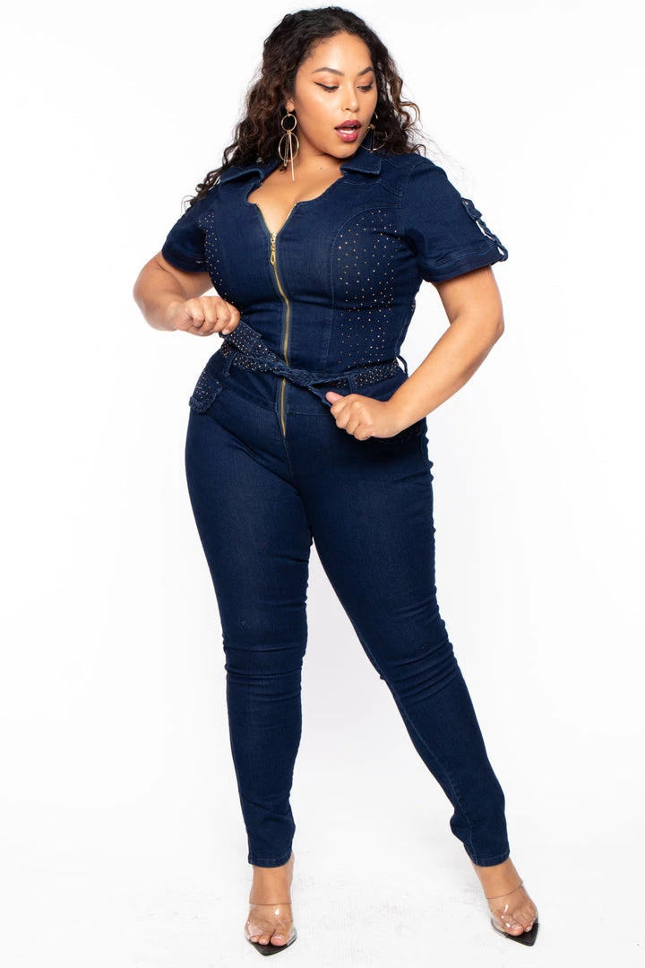 DIAMANTE Plus Size Jessi Gold Studded Denim Jumpsuit - Dark Wash Party Jumpsuilts 3 DIAMANTE Plus Size Jessi Gold Studded Denim Jumpsuit - Dark Wash Party Jumpsuilts