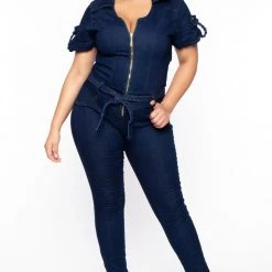 DIAMANTE Plus Size Jessi Zip-Front Denim Jumpsuit - Dark Wash Party Jumpsuilts