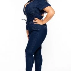 DIAMANTE Plus Size Jessi Gold Studded Denim Jumpsuit - Dark Wash Party Jumpsuilts 10 DIAMANTE Plus Size Jessi Gold Studded Denim Jumpsuit - Dark Wash Party Jumpsuilts