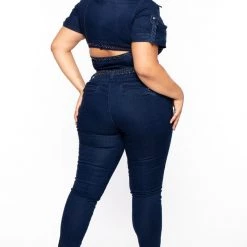 DIAMANTE Plus Size Jessi Gold Studded Denim Jumpsuit - Dark Wash Party Jumpsuilts