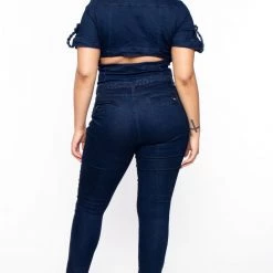 DIAMANTE Plus Size Jessi Zip-Front Denim Jumpsuit - Dark Wash Party Jumpsuilts