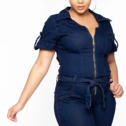 DIAMANTE Plus Size Jessi Zip-Front Denim Jumpsuit - Dark Wash Party Jumpsuilts