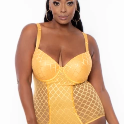 Eight One Int'l Inc. Plus Size Teddy Lace Lingerie Bodysuit - Mustard