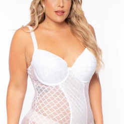 Eight One Int'l Inc. Plus Size Teddy Lace Lingerie Bodysuit - White