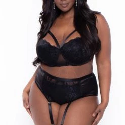 Eighty One International Intimates Plus Size Desire Lingerie Garter Set- Black