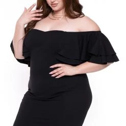 Gibiu Little Black Styles Plus Size Brie Off The Shoulder Ruffle Dress- Black