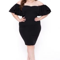 Gibiu Little Black Styles Plus Size Brie Off The Shoulder Ruffle Dress- Black